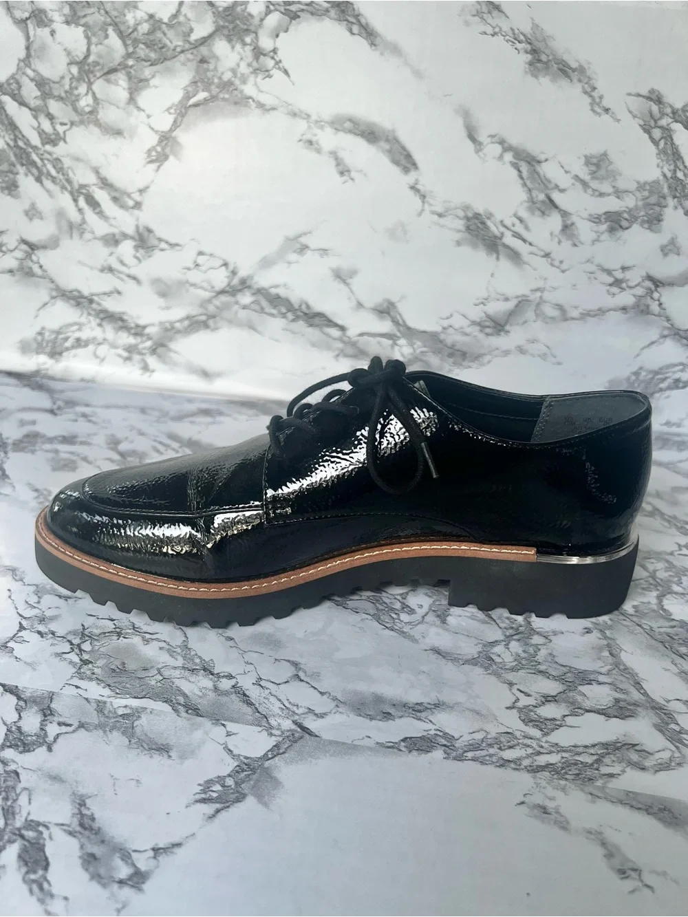 Franco Sarto Charles Black Patent Derby Lug Sole Shoe 11 Preppy Quiet Luxury